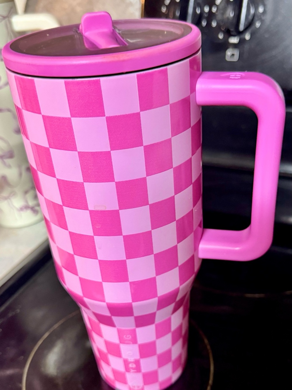 HydroJug Pink Checkerboard Travel Mug with Handle